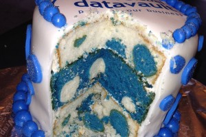 the inside of a polka dot cake