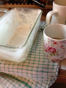 This is too much flour. And use regular flour for your pan. Don't you love my Cath Kidston mug???