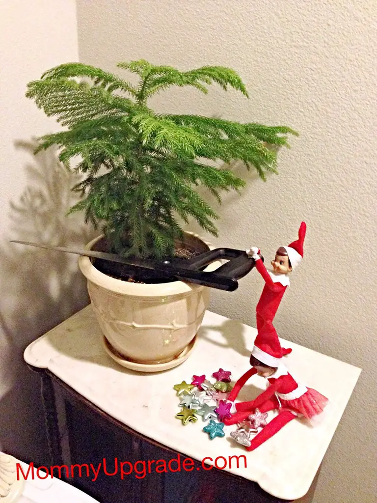 elf on a shelf cutting down tree