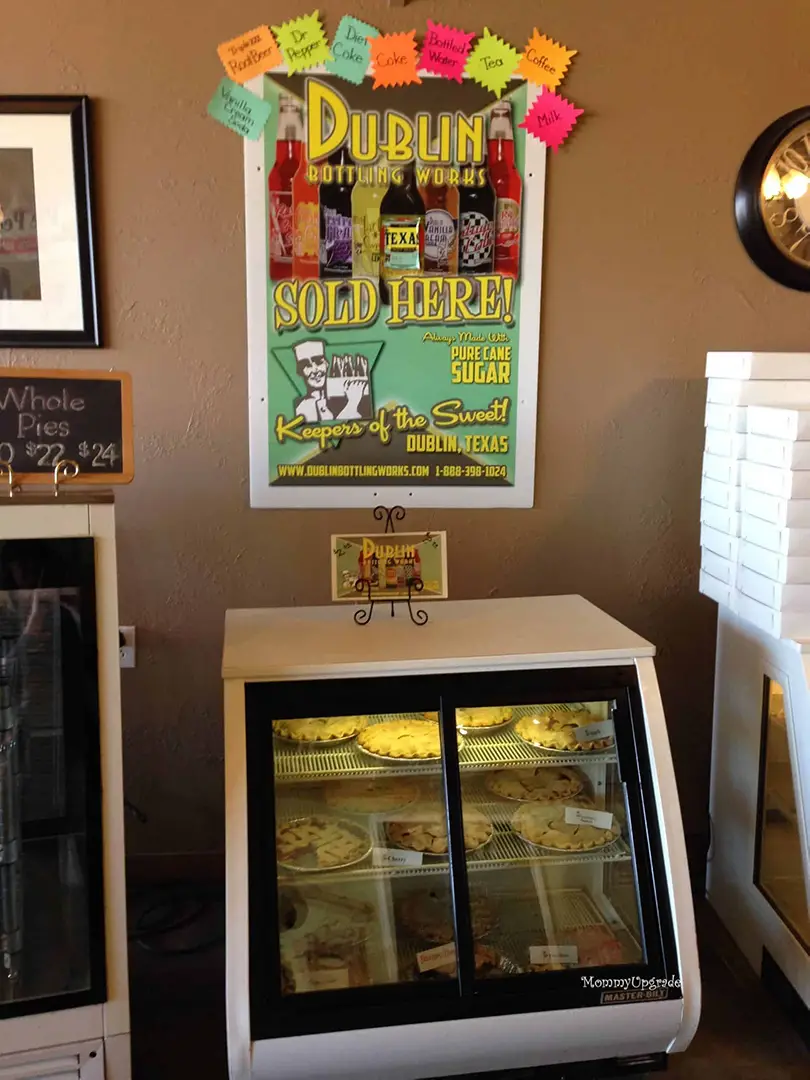 part of the pie tour at pie peddlers pie case at pie peddlers in glen rose