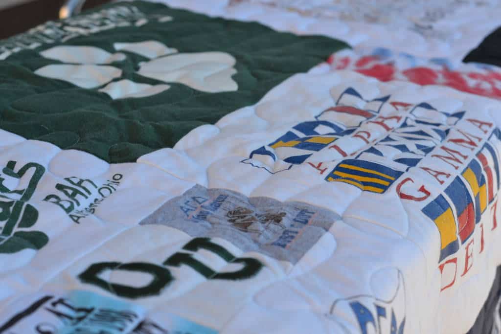 close up of sorority tshirt quilt