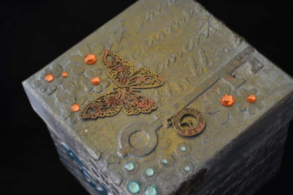 close up of textured collage box