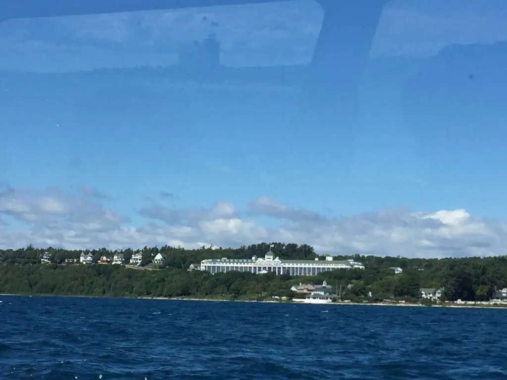 view of the grand hotel from the mackinac ferry