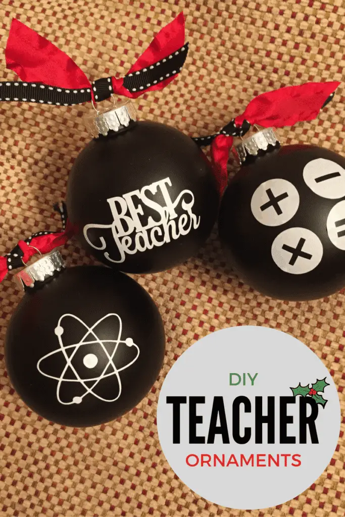 These teacher Christmas ornaments are super easy to make with vinyl and a c...