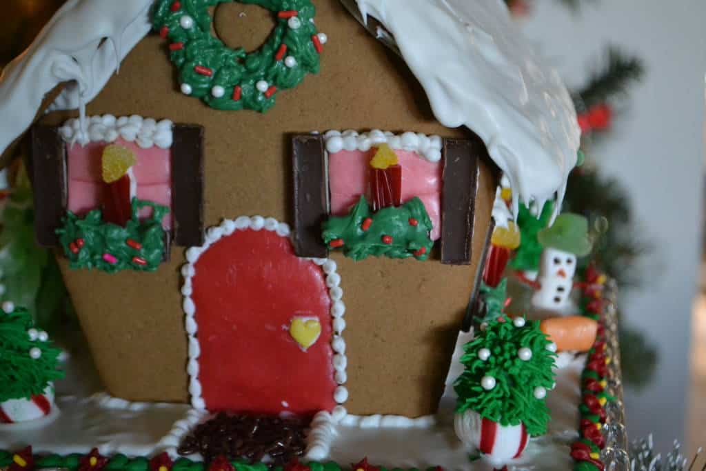 close up of gingerbread house