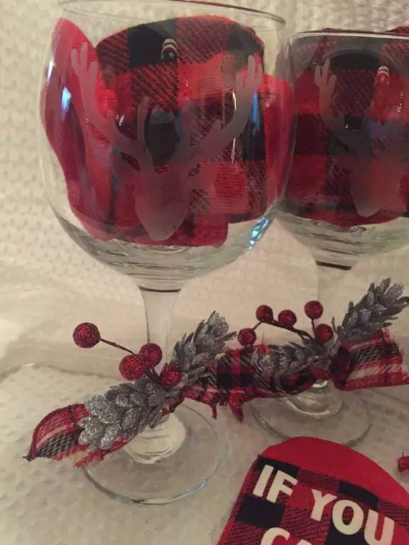reindeer and buffalo plaid wine glasses