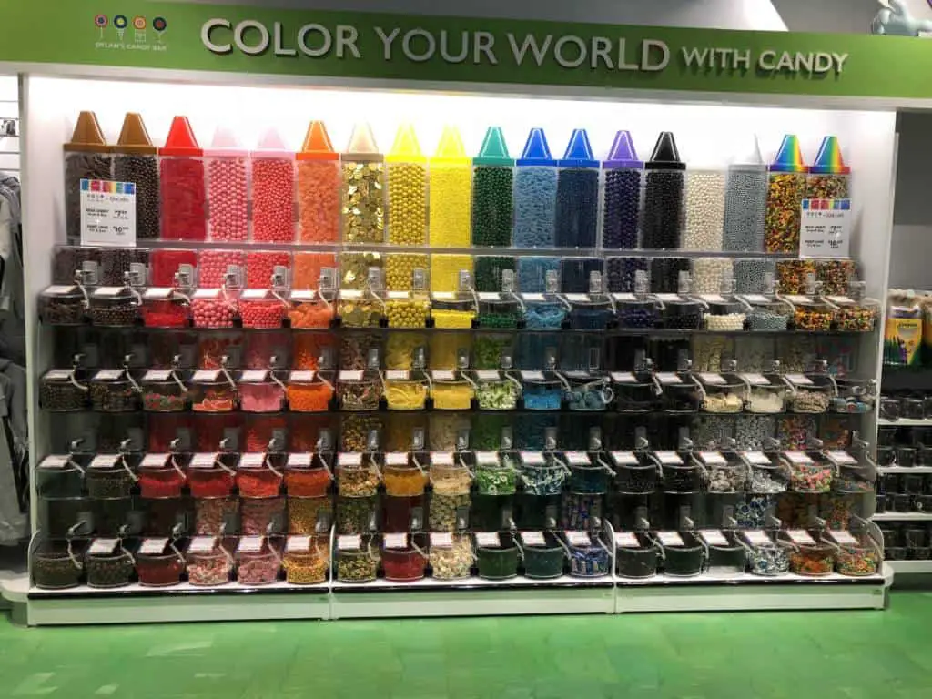 color wall with candy at crayola