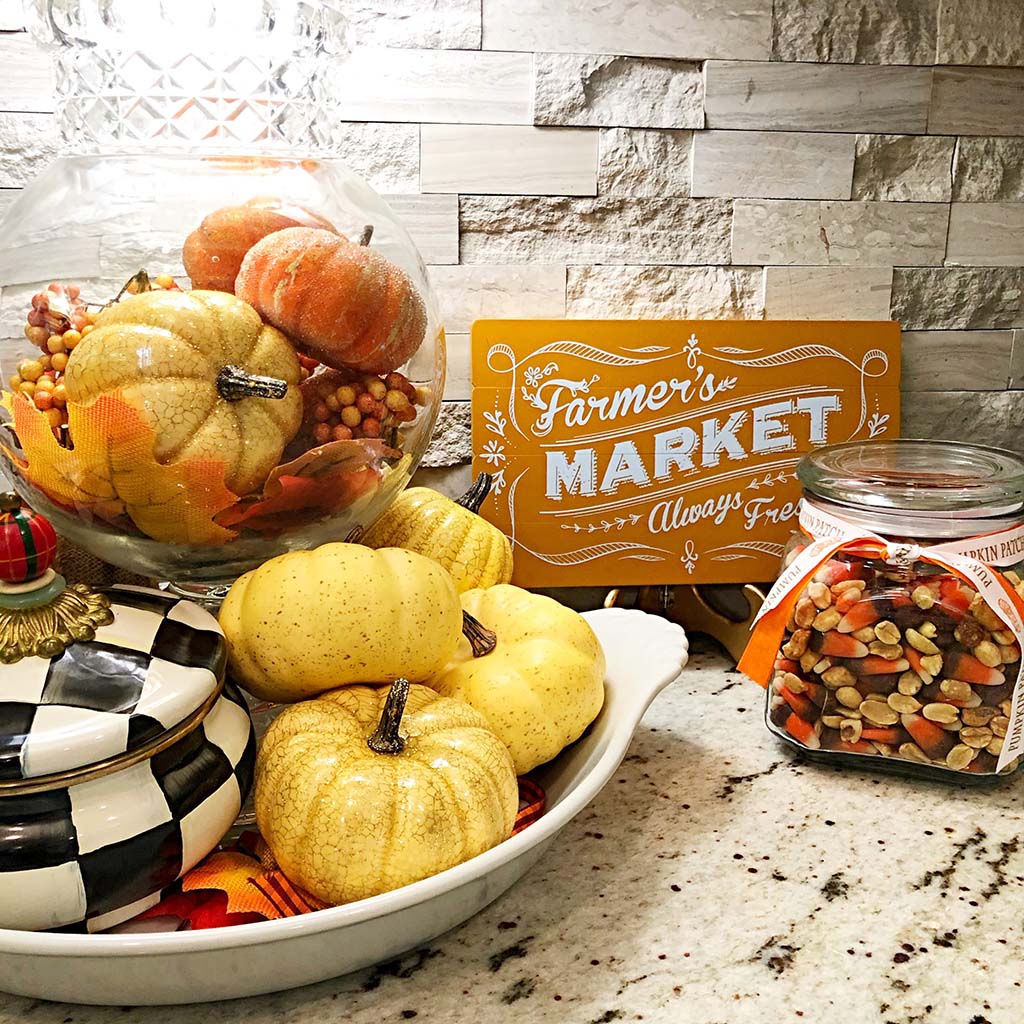 fall kitchen scape with candy corn snack mix