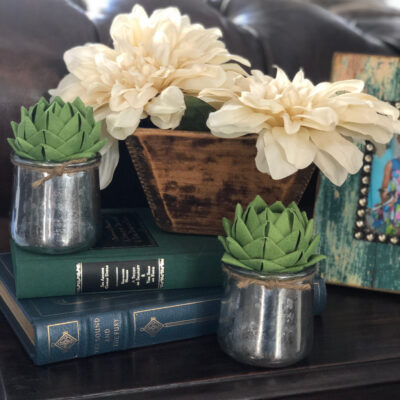 mercury glass and diy fabric succulents