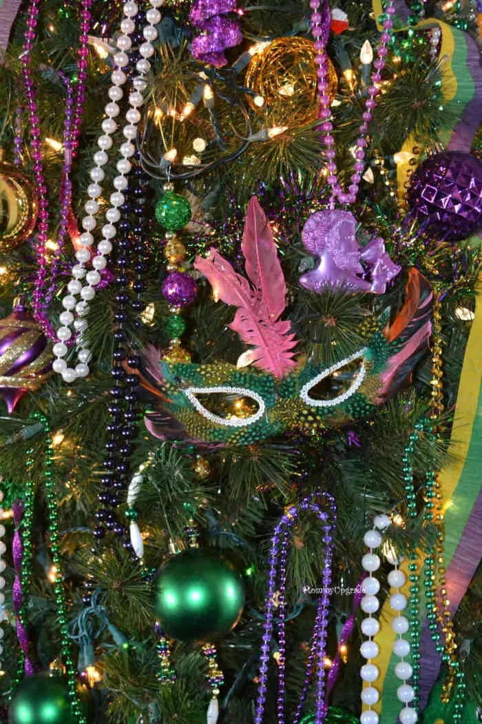Mardi Gras tree with ribbons, beads and lights